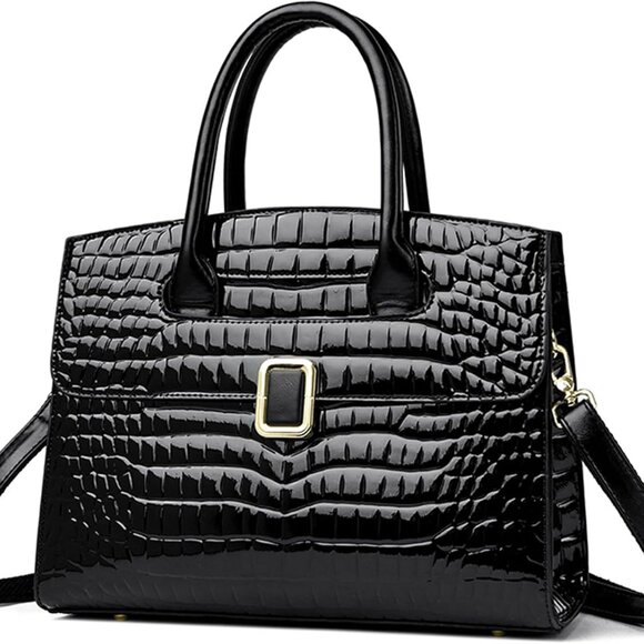 Crocodile-Black Women Leather Tote Bag with 3 Compartments and Adjustable Strap - Picture 1 of 7